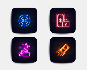Neon set of Innovation, Money currency and Private payment icons. Fast payment sign. Crowdfunding, Cash change, Secure finance. Finance transfer. Neon icons. Glowing light banners