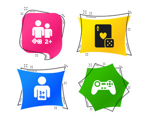 Gamer icons. Board games players signs. Video game joystick symbol. Casino playing card. Geometric colorful tags. Banners with flat icons. Trendy design. Vector