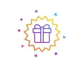 Gift box offer line icon. Present or Sale sign. Birthday Shopping symbol. Package in Gift Wrap. Gradient line button. Surprise gift icon design. Colorful geometric shapes. Vector