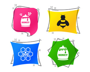 Honey icon. Honeycomb cells with bees symbol. Sweet natural food signs. Geometric colorful tags. Banners with flat icons. Trendy design. Vector