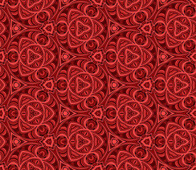 Seamless hexagonal pattern from circular abstract geometrical ornaments multicolored in red shades on a dark background. Vector illustration. Suitable for fabric, wallpaper and wrapping paper
