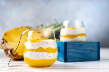 Mango smoothie with yogurt in two glasses