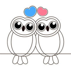Loving owls birds night drawn lines on white background. Vector