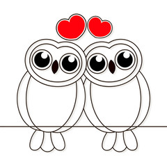 Loving owls birds night drawn lines on white background. Vector