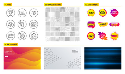 Seamless pattern. Shopping sale banners. Set of Wine glass, Christmas calendar and Comment icons. Delivery insurance, Push cart and Communication signs. Manual doc, Survey progress and Wallet symbols