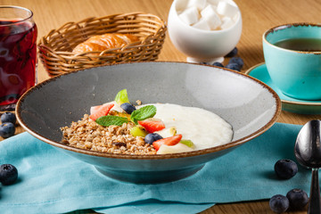 Milk rice porridge for kids healthy breakfast in cafe