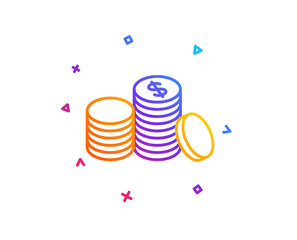 Coins money line icon. Banking currency sign. Cash symbol. Gradient line button. Banking money icon design. Colorful geometric shapes. Vector