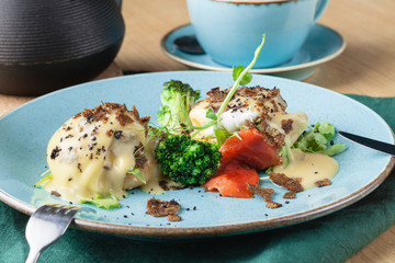 Breakfast set, Egg Benedict with smoked salmon and fresh Hollandaise sauce