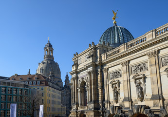 Fototapeta na wymiar View from George Treu Square towards Frauenkirche church, Dresden, Germany.