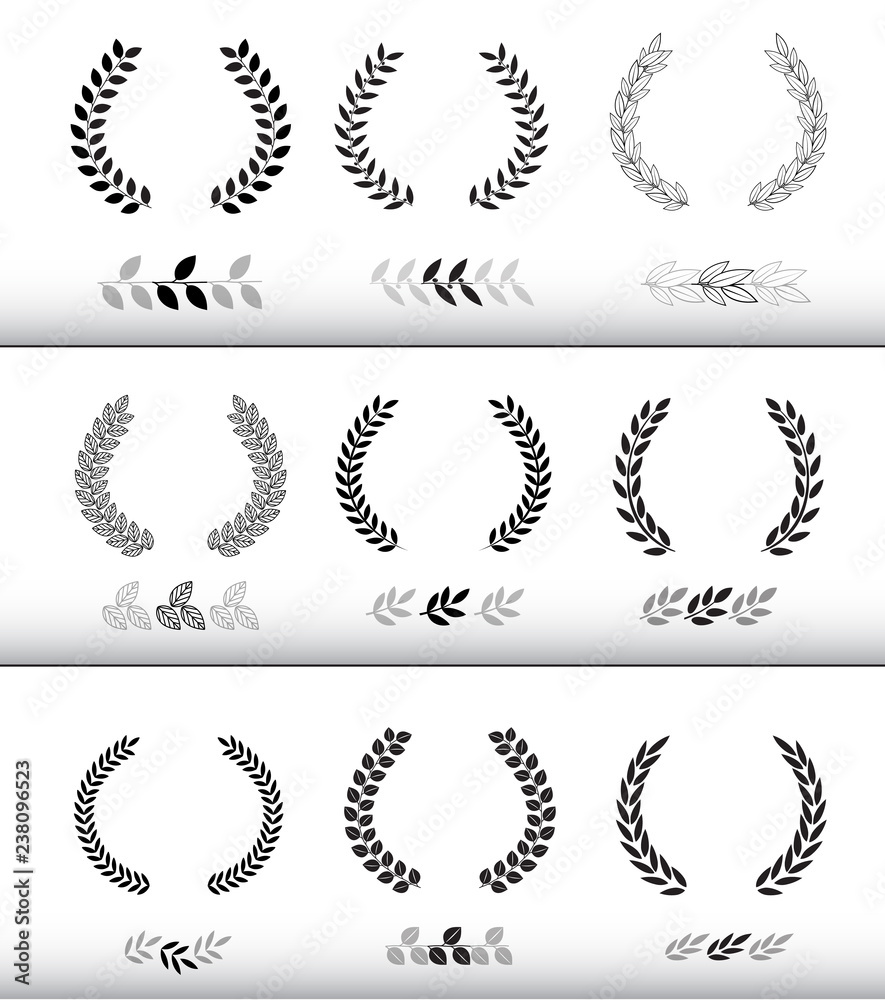 Wall mural Set of black laurel wreaths with pattern isolated on white background. Vector illustration ready and simple to use for your design. - Wall murals