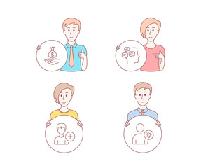 People hand drawn style. Set of Income money, Add person and Messages icons. User idea sign. Savings, Edit user data, Notifications. Light bulb.  Character hold circle button. Man with like hand