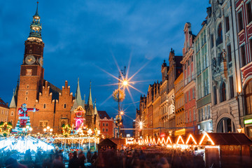 Christmas night market place in Wroclaw, Poland