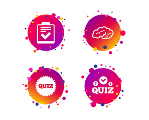Quiz icons. Human brain think. Checklist symbol. Survey poll or questionnaire feedback form. Questions and answers game sign. Gradient circle buttons with icons. Random dots design. Vector