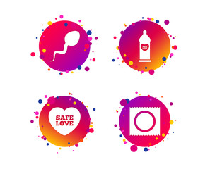 Safe sex love icons. Condom in package symbol. Sperm sign. Fertilization or insemination. Gradient circle buttons with icons. Random dots design. Vector