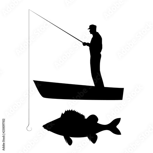Download "Old man is fishing perch on boat. Vector silhouette ...