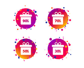 Sale gift box tag icons. Discount special offer symbols. 30%, 50%, 70% and 90% percent discount signs. Gradient circle buttons with icons. Random dots design. Vector