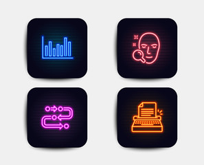 Neon set of Methodology, Face search and Bar diagram icons. Typewriter sign. Development process, Find user, Statistics infochart. Writer machine. Neon icons. Glowing light banners