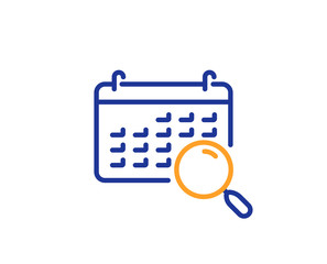 Search calendar line icon. Find date sign. Magnify glass. Colorful outline concept. Blue and orange thin line color Search calendar icon. Vector