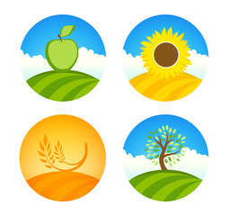 Vector logotypes with apple, sunflower and wheat nature farm harvest on colorful round illustration isolated on white.
