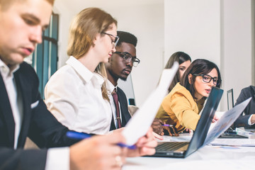 group of business people having meeting together