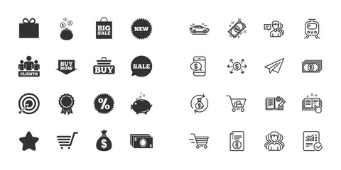 Set of Shopping, E-commerce and Business icons. Big sale, Gift box and Discounts signs. Clients, Sale and Shopping cart symbols. Paper plane, report and shopping cart icons. Group of people. Vector