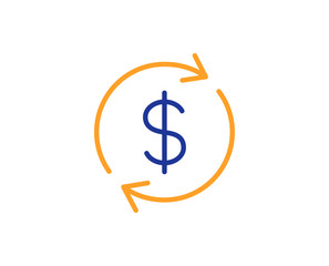 Currency exchange line icon. Money Transfer sign. Dollar in rotation arrow symbol. Colorful outline concept. Blue and orange thin line color icon. Usd exchange Vector