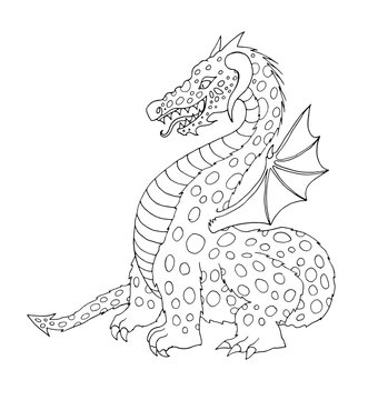 Vector cartoon funny dragon with horns and wings sticking out tongue