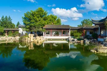 Fototapeta na wymiar A building at the Chinese Garden of Serenity at Santa Luċija, Malta