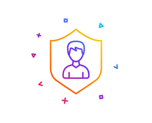 User Protection line icon. Profile Avatar with shield sign. Male Person silhouette symbol. Gradient line button. Security Agency icon design. Colorful geometric shapes. Vector