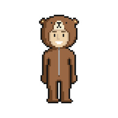 Сute cartoon kid in bear costume. Pixel art on white background. Vector illustration.