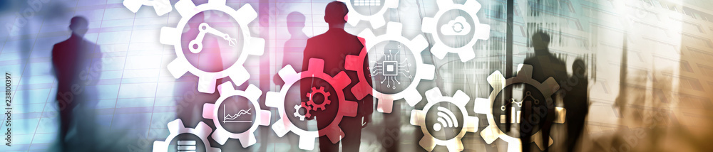 Wall mural automation technology and smart industry concept on blurred abstract background. gears and icons. we