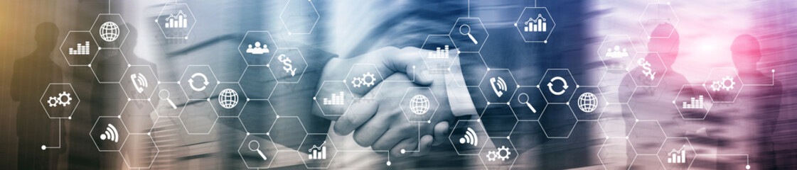 Double exposure mixed media. Diagrams and icons on hologram screen. Business people and modern city...