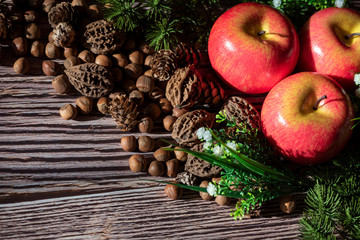 Christmas still life - apples, walnuts and hazelnuts
