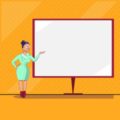 Fototapeta premium Flat design business Vector Illustration Empty copy space for Ad website promotion esp isolated Banner template. Female Doctor with Stethoscope Standing Hand Presenting Blank Whiteboard