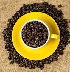 Brown roasted coffee beans, seed on dark background. Espresso dark, aroma, black caffeine drink. Closeup isolated energy mocha, cappuccino ingredient.