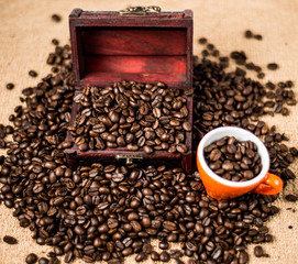 Brown roasted coffee beans, seed on dark background. Espresso dark, aroma, black caffeine drink....