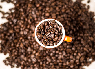 Brown roasted coffee beans, seed on dark background. Espresso dark, aroma, black caffeine drink. Closeup isolated energy mocha, cappuccino ingredient.