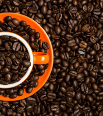 Brown roasted coffee beans, seed on dark background. Espresso dark, aroma, black caffeine drink. Closeup isolated energy mocha, cappuccino ingredient.