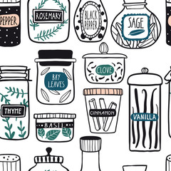 Herbs and spices jars seamless pattern