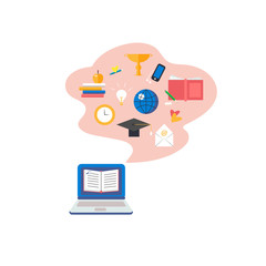 Vector illustration. Icon of laptop with different elements for online education. 