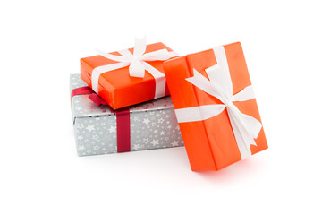 Many gift box white ribbon isolated on white background, using for christmas and new year or...