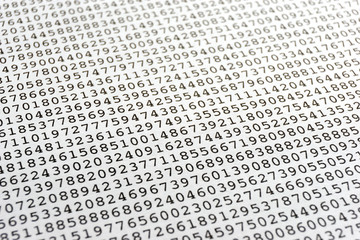 Background with black printed random monospace numbers on white paper for use as a template for a financial report 