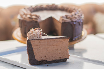 Mocha cheesecake with chocolate and coffee whipped cream on top
