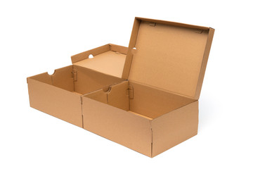 Brown cardboard shoes box with lid for shoe or sneaker product packaging mockup, isolated on white with clipping path.