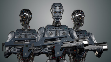 Group of heavily armed military robots or very detailed futuristic cyborgs. Isolated on blue background. 3D illustration © Mykola