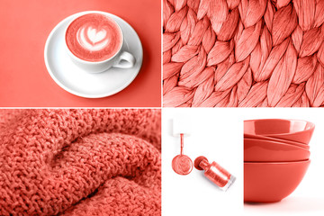 Collage inspiriert von der Farbe des Jahres Living Coral. Gemütliche Stimmung. © Zaitseva