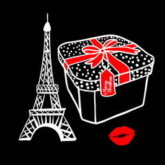 Fashion white sketch gift box with a red bow. Merry Christmas Paris Eiffel Tower. Vector illustration handdrawing on black
