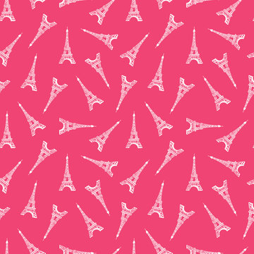 Seamless pattern. Modern design print fabric. Illustration white ink Eiffel Tower. Abstract ornament hand drawing. Vector illustration is isolated on a pink ground.
