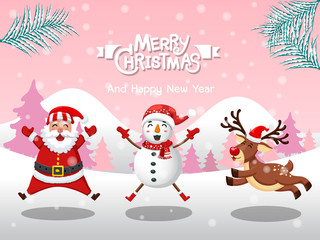 Merry Christmas. Funny Snowman, Reindeer, santa claus in Christmas snow scene winter landscape. decorative element on holiday. Vector illustration.