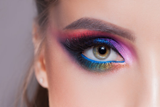 Amazing Bright eye makeup in luxurious blue shades. Pink and blue color, colored eyeshadow